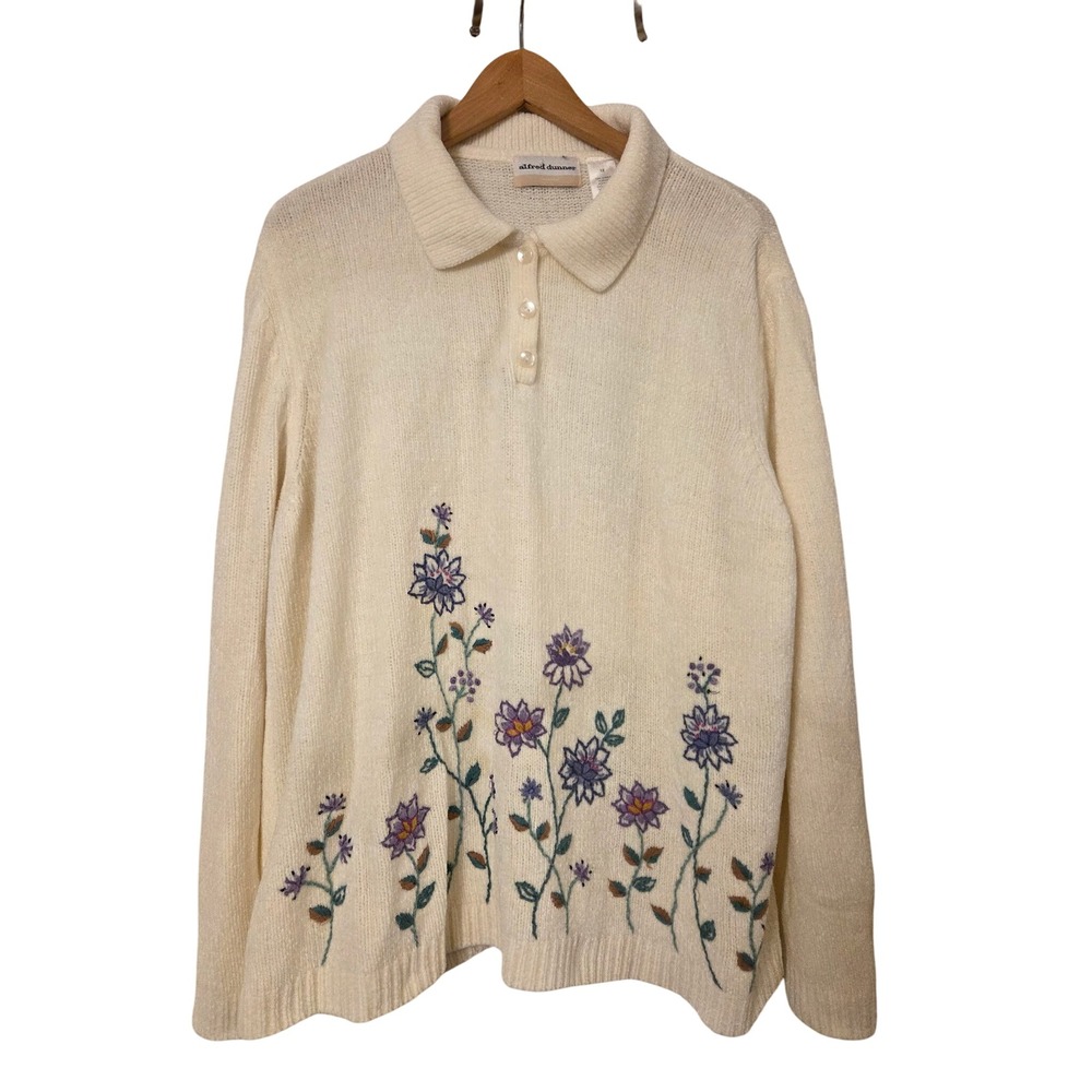 Alfred Dunner Womens‎ 1X Cream Embroidered Floral Polo Sweater